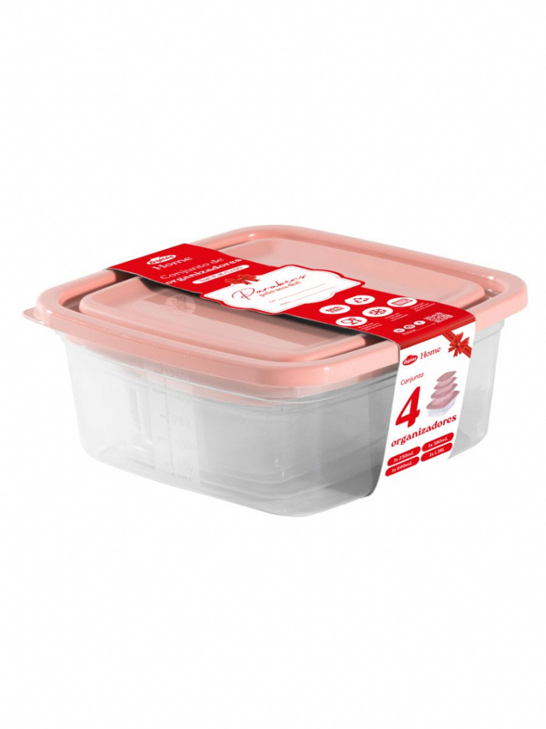 Conj. Organizadores quadrados Home 1,38L/690mL/380mL/230mL (Presente) (CQH-04P)
